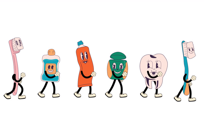 Groovy retro cartoon dental instruments and hygiene items walking in seamless loop animation, 70s-inspired with transparent background