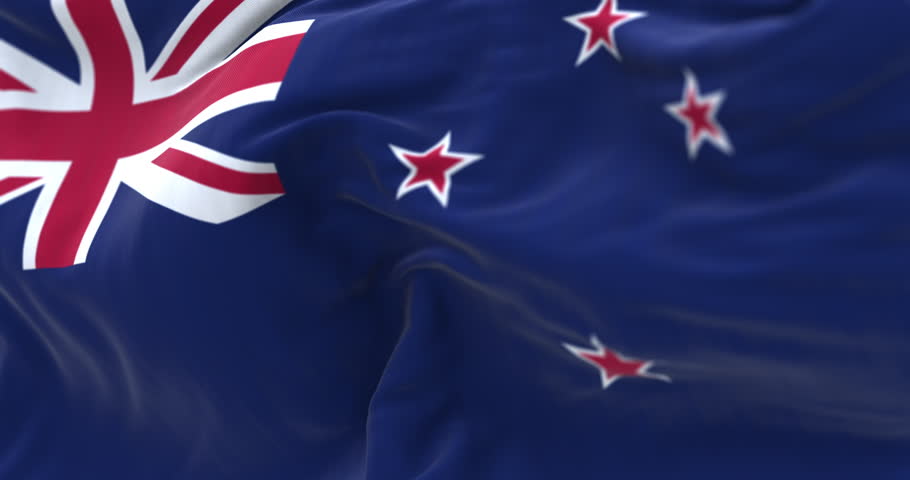 New Zealand flag fluttering. Featuring the Union Jack and Southern Cross, symbol of national identity, heritage and freedom in Oceania. Seamless 3d render animation. Slow motion loop. Selective focus