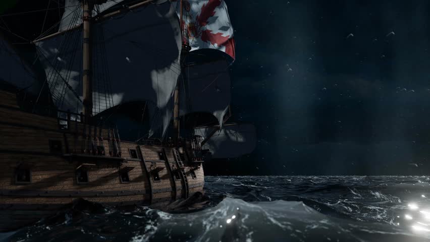 3D animation showing a Spanish-style Galleon bravely sailing into an oncoming storm at night
