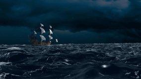 3D animation showing a Spanish Galleon sailing through fierce stormy seas at night - Powered by Shutterstock - Get 15% off with code: PIKWIZARD15