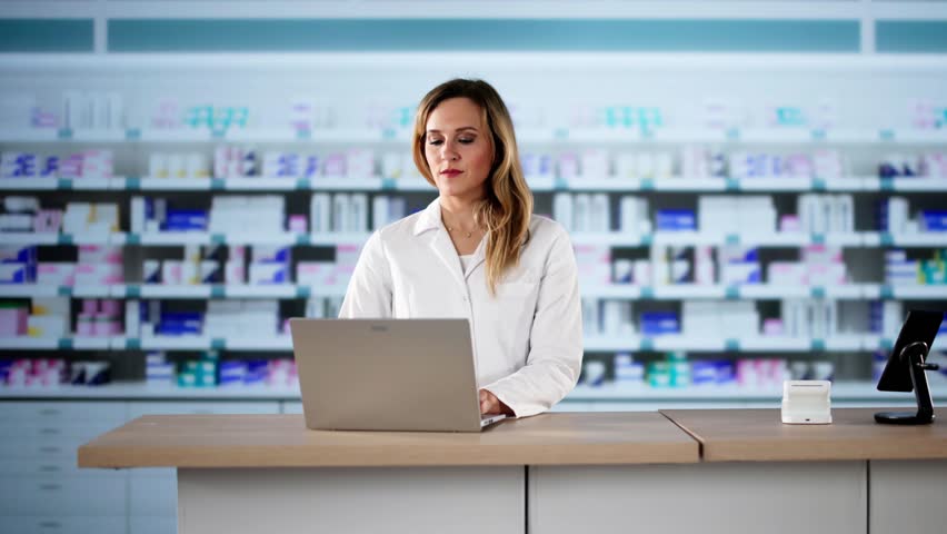 Cashier At Pharmacy Store Counter. Medical Store Pharmacist