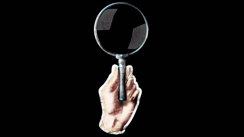 Hand holding Magnifying Lens and searching - collage papercut element with alpha channel