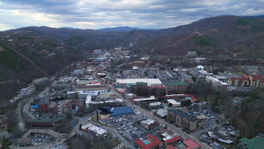Static aerial shot of Gatlinburg, TN on New Years Eve 2024.