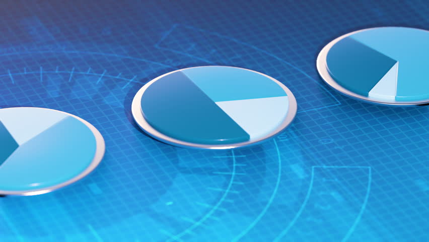Growing blue and white pie charts on digital screen displaying financial investment trends and stock market data. 3D render animation in 4K resolution about financial investments diversification strat