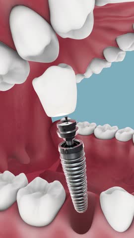 Dental implant 3D animation showing each procedure component implant, abutment and crown separately.