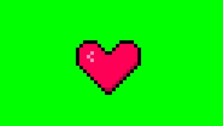 Heart beating animation on green screen. in 8 bit style. Pixel heart icon animation