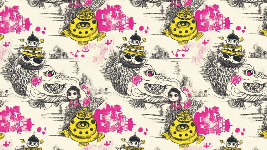 Graceful koi fish illustrated in a flowing Japanese pattern, enhanced with animated horizontal motion. Perfect for looping backgrounds, textile design, or animated visuals. 