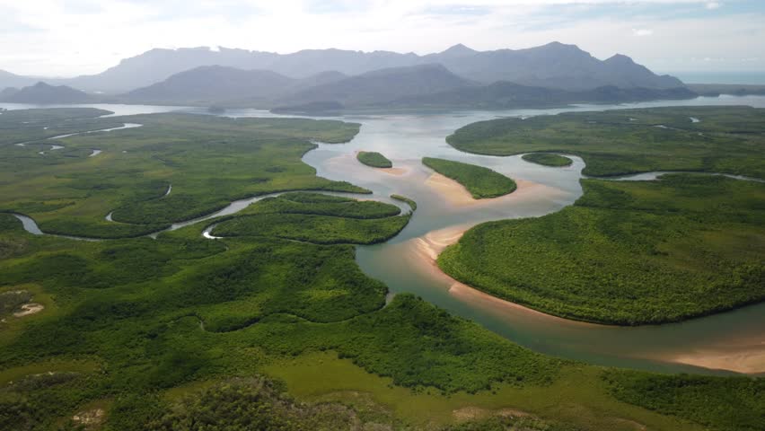 Pristine Beautiful Australian Coastal Landcape with mangroves, rivers and islands - Hinchinbrook Island Nationalpark from Above with blue sky