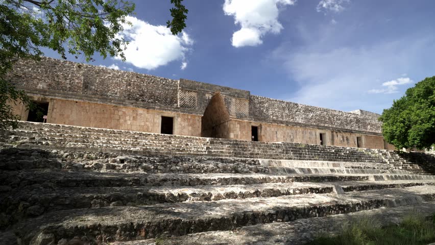 Panoramic view around ancient historical symbol pyramid of Mayas culture in summer suuny day