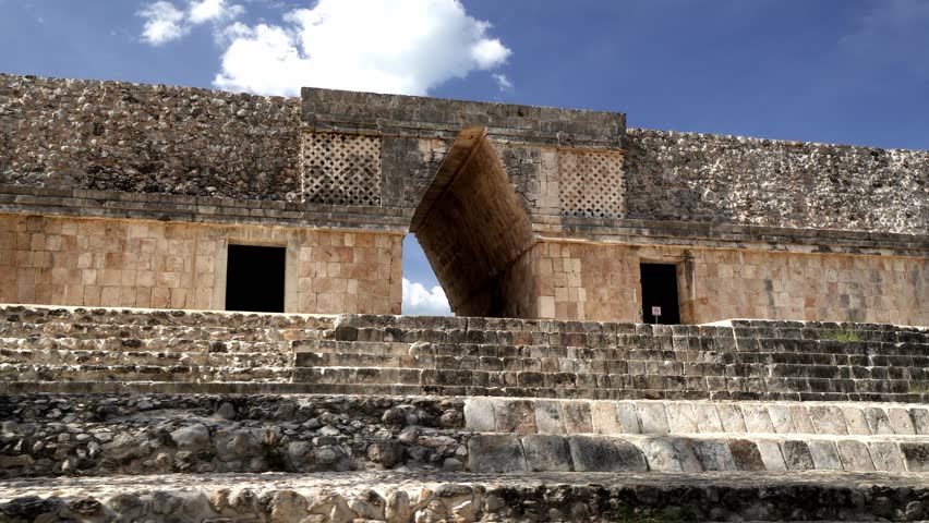 Panoramic view around ancient historical symbol pyramid of Mayas culture in summer suuny day