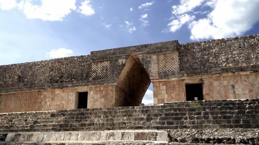 Panoramic view around ancient historical symbol pyramid of Mayas culture in summer suuny day