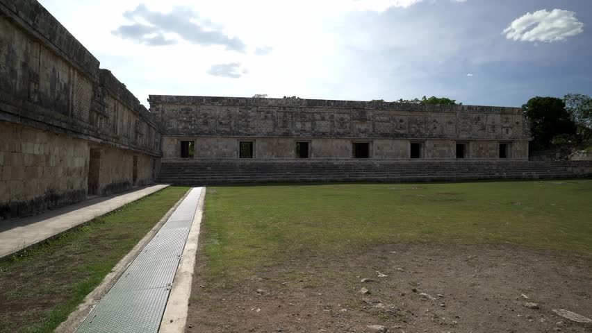 Panoramic view around ancient historical symbol pyramid of Mayas culture in summer suuny day