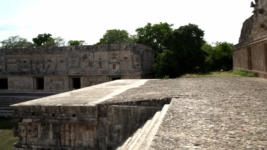 Panoramic view around ancient historical symbol pyramid of Mayas culture in summer suuny day