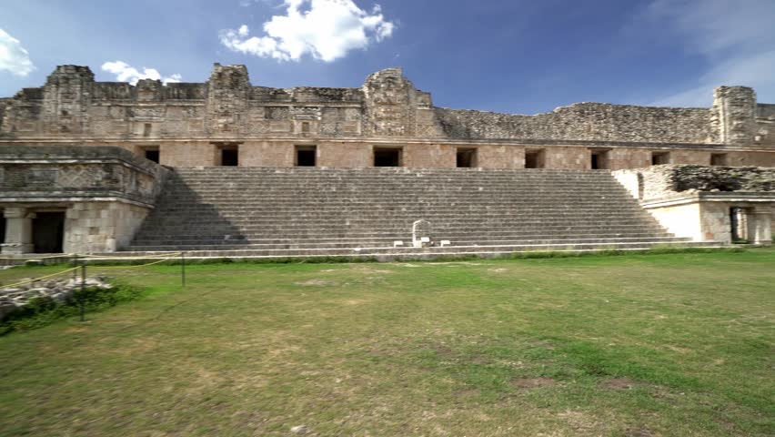 Panoramic view around ancient historical symbol pyramid of Mayas culture in summer suuny day