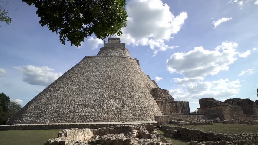 Panoramic view around ancient historical symbol pyramid of Mayas culture in summer suuny day
