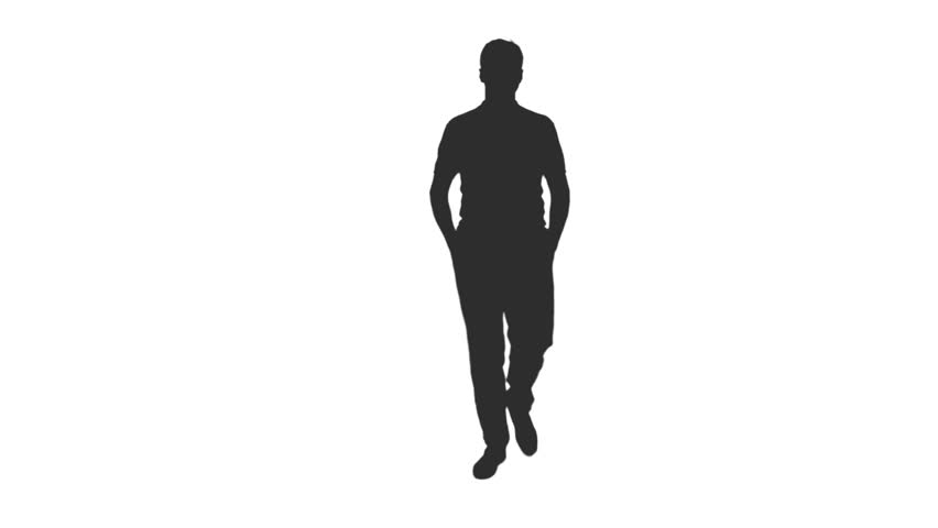 Black and white silhouette of confident man walking with hands in pockets, Front view, Full HD footage with alpha transparency channel isolated on white background