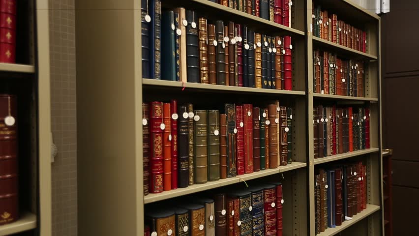 This video showcases a collection of antique books neatly arranged on a library shelf. The leather-bound volumes exude history and knowledge, perfect for vintage themes.