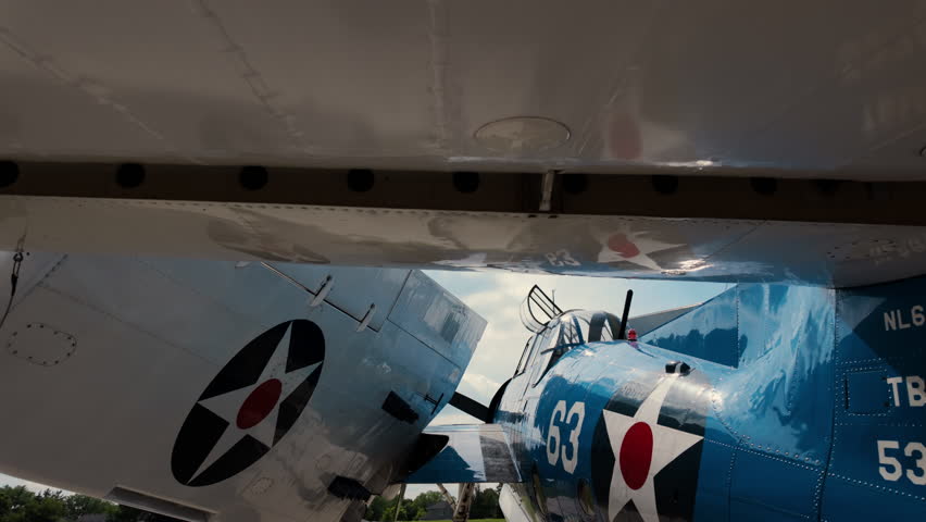 Vintage War War 2 United States Warbird Airplane Startup on Airfield on show. Move camera