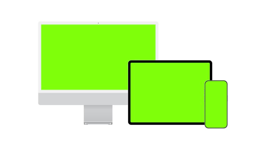 Animated Devices Mockups, Front View. PC, Tablet, Smartphone, With Green Screens. Animation For Web Presentation