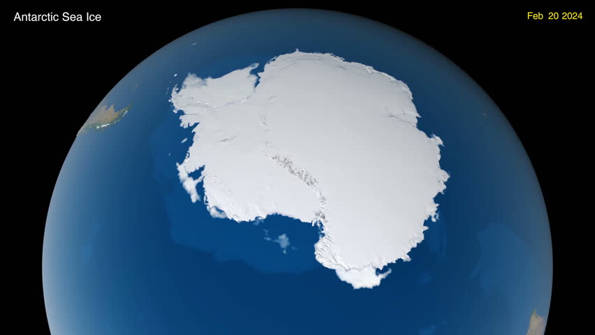 Timelapse animation of the Antarctic sea ice maximum in 2024. Elements of this image furnished by NASA.