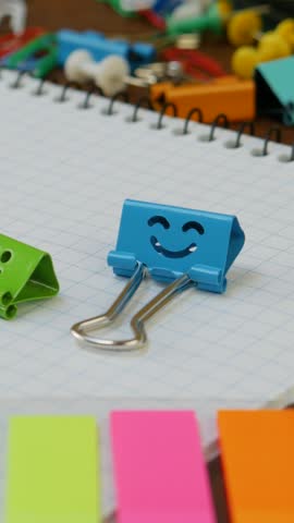 Scattered office and school supplies on workspace. Paper clips on notepad. Stationery enhances productivity. Back to school concept. Tools for students and professionals. Funny blue green binder clip
