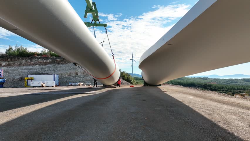 Ground view of wind turbine blades at installation site