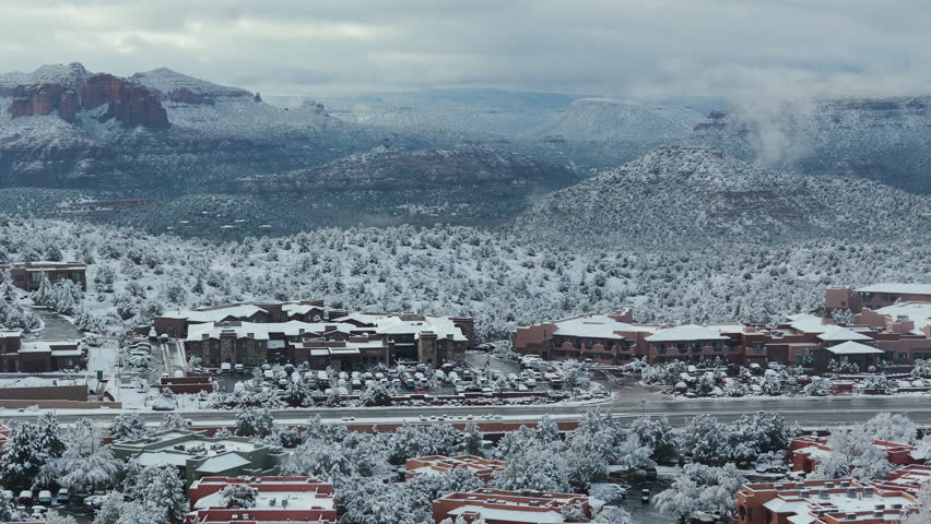 Cinematic aerial view of epic winter landscape in Sedona, Arizona, USA