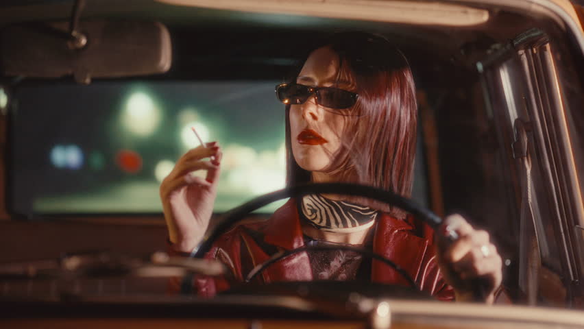 Young elegant woman wearing sunglasses, lighting and smoking cigarette as driving vintage car at night with blurred city lights glowing in background. Video portrait