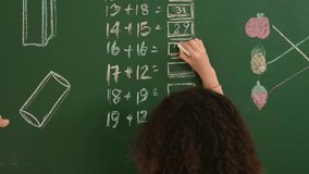 Back view of african student answer question while writing at board. Teacher looking at elementary student doing math quiz in front of classroom while smart children attend in math lesson. Pedagogy. - Powered by Shutterstock - Get 15% off with code: PIKWIZARD15