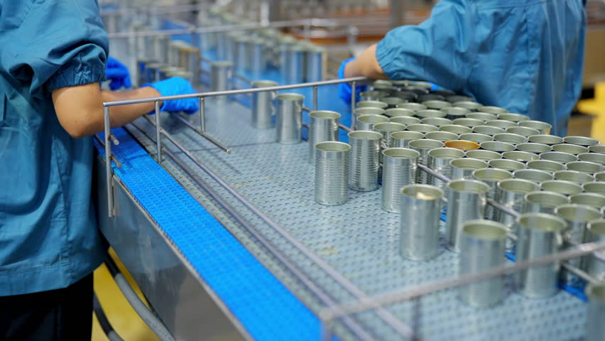 Canned food manufacturing factory industry. Blue-collar worker working production line. Sardines in tomato sauce in aluminum cans move along conveyor belt. Processed food distribution entrepreneur.