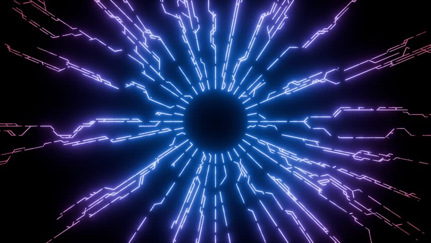 Seamless loop. Glowing Futuristic Circuit Board with Neon Purple and Blue Lines Radiating from a Central circle shape. For Technology product background - Powered by Shutterstock - Get 15% off with code: PIKWIZARD15