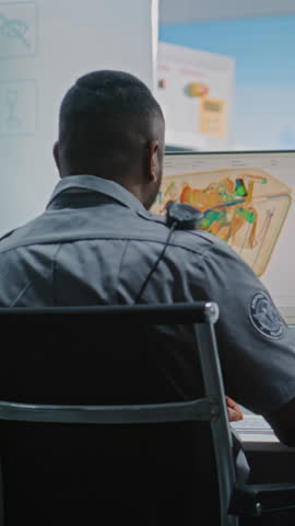 Airport Security Checkpoint: African American TSA Worker Controlling X-ray Metal Detector Scanning of Baggage on Computer Monitors. Passengers During Screening of Carry-On Luggage. Vertical Shot.