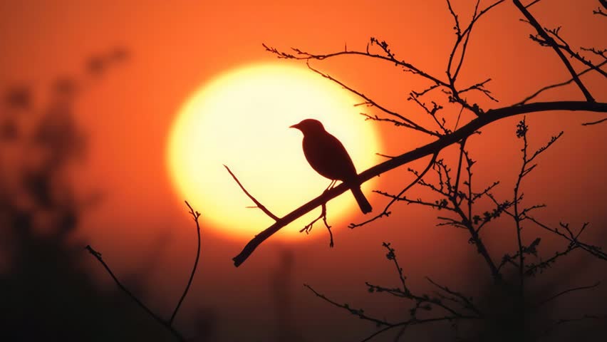 Bird silhouettes at sunset, dusk branches, twilight sky, orange hue, tranquil nature, aesthetic mood, resting and flying birds, evening outdoors, artistic silhouettes