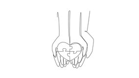 Animated self drawing of continuous one line drawing 4 piece puzzle in the shape of love on the palm of the hand. Protect and love with all the heart. World Autism Awareness Day. Full length animation - Powered by Shutterstock - Get 15% off with code: PIKWIZARD15
