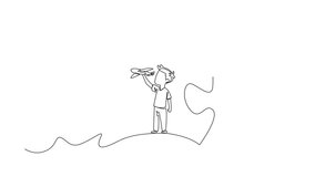 Animation of a single one line drawing boy playing with airplanes in the middle of a large puzzle piece. Complexity of mind content. Diversity. World Autism Awareness Day. Full length motion - Powered by Shutterstock - Get 15% off with code: PIKWIZARD15