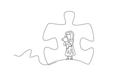 Self drawing animation of continuous one line drawing girl playing with doll in the middle of large puzzle piece. Play to focus. Piece of happiness. World Autism Awareness Day. Full length animated - Powered by Shutterstock - Get 15% off with code: PIKWIZARD15