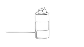 Animated self drawing of single continuous line drawing glass of chocolate mousse with layers color and strawberry topping. Sweet and sour taste. National Chocolate Mousse Day. Full length animation - Powered by Shutterstock - Get 15% off with code: PIKWIZARD15