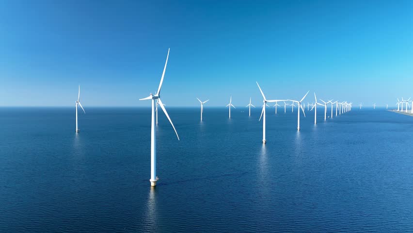 Majestic wind turbines stand tall against the clear blue sky over the serene waters of the North Sea. This offshore windmill park showcases the Netherlands commitment to renewable energy.