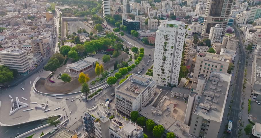 Aerial Cityscape of Nicosia, Cyprus Busy Urban Highways and Vehicles Driving on Multi-Lane Interchanges in the Downtown Business District. High quality 4k footage
