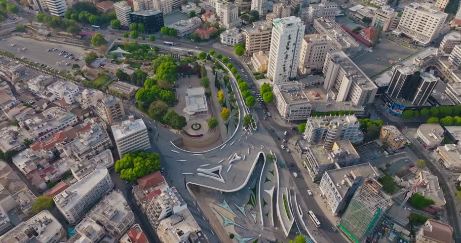 Highway Traffic in Nicosia, Cyprus Aerial Footage of a Multi-Level Road Network with Cars Driving Through the City at Sunset. High quality 4k footage
