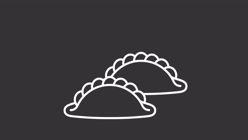 Animated dumplings white icon. Street food snack with curried fillings line animation. Singapore cuisine traditions. Isolated illustration on dark background. Transition alpha video. Motion graphic