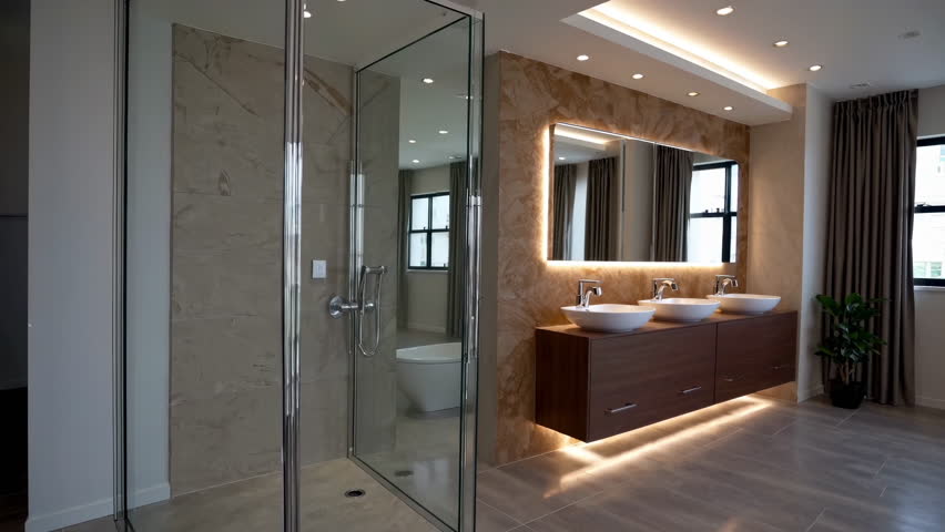This contemporary modern bathroom showcases dual sinks, a stylish glass shower, and inviting ambient lighting
