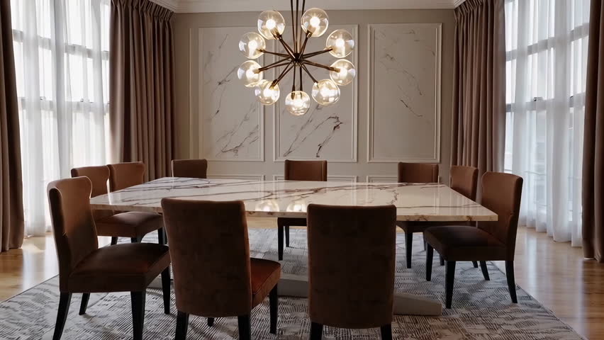 Discover a luxurious dining space featuring a marble table, elegant chairs, and a stunning chandelier.