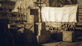A collection of weathered wooden crates is stacked next to a covered wagon in a dusty, historical landscape, evoking a sense of the past and adventure in a rustic environment. - Powered by Shutterstock - Get 15% off with code: PIKWIZARD15