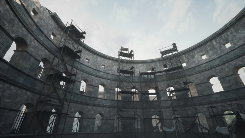 Construction scaffolding surrounds the interior of an ancient amphitheater, revealing its architectural features. Workers are focused on enhancing its structure during the daytime sky.