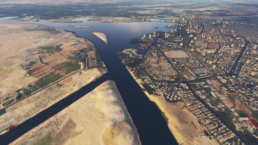 3D - Top aerial drone shot of the Suez Canal. Egypt
