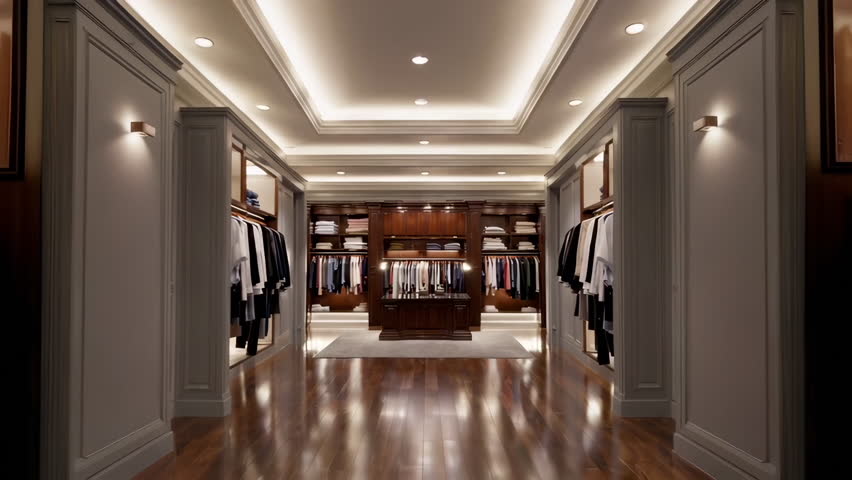 This spacious walkin closet features an organized arrangement of clothing with elegant displays and rich finishes