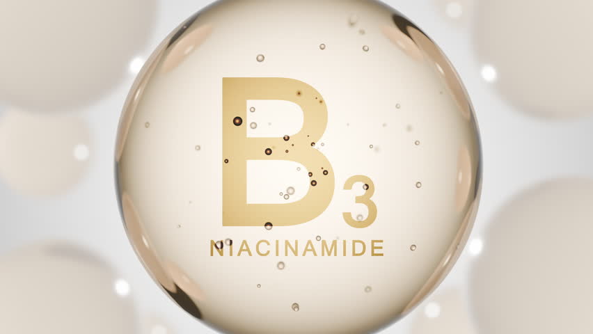 Vitamin B3 niacinamide. Niacin drop pill capsule. B 3 Nicotinamide bubble abstract 3D background
