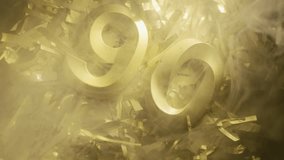 Golden number 90 candles on a glittery tinsel background wrapped in soft smoke. Anniversary or 90th birthday celebration concept with warm light and fading smoke - Powered by Shutterstock - Get 15% off with code: PIKWIZARD15