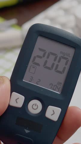Vertical Screen: A person checks their blood sugar level using a glucometer, revealing a very high reading. The importance of monitoring glucose for diabetes management is highlighted.